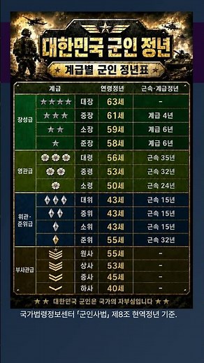 군인 계급별 연령 근속 정년표 #군생활 #군인 #군대 #군계급 #국방 #직업군인