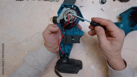 Male hands using a screwdriver to disassemble the internal components and motor of a faulty cordless electric pruning saw for diagnostics and repair in a workshop, top-down view