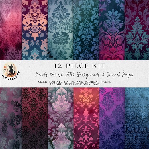 Moody Damask ATC Backgrounds (12 Designs) | Dark Vintage Digital Paper for Journaling and Scrapbooking - Etsy
