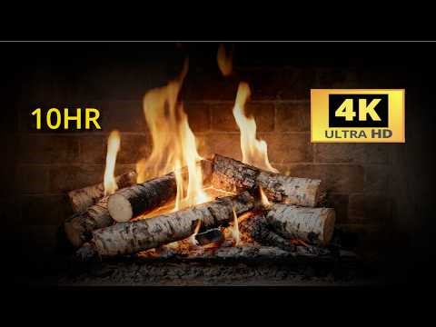 10 Hours 4K Cozy Fireplace 🔥 Relaxing Birch Log Fire with Crackling Sounds