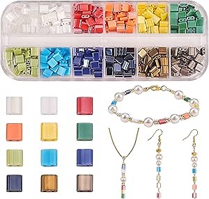 Ornaland 480 Pcs 12 Colors 2-Hole Square Beads Opaque Glass Seed Beads Kit Rectangle Tila Bead for Bracelet Earrings Jewelry Making