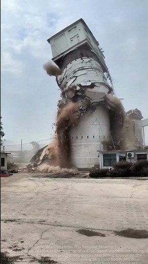 Demolition Site: Old Water Tower Crashes Down with Dust Clouds