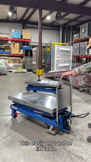 This easily moveable lift table on wheels offers a flat surface that can be raised to an ergonomic height. Lift tables offer a safer way to raise and lower inventory, avoiding injuries by offering a secure way to move heavy items. Give these lift tables a look: https://hubs.la/Q03XfrPZ0 | Industrial Shelving Systems