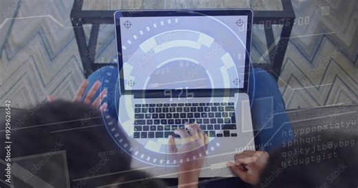 Mom typing on laptop, daughter gesturing, initiating HUD scanning numeric readout for education