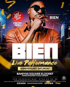 🎤 ELDORET, THIS IS A CONCERT EXPERIENCE! 🎤 This Saturday, Baniyas Square transforms into a full-scale concert arena as Bien takes the stage. This is not your regular club night. This is a once-in-a-lifetime CONCERT EXPERIENCE — right here in the city: ✨ Stadium-quality sound & lighting – built to make you feel every beat ✨ A concert stage setup that puts you up close with Bien like never before ✨ The best platters, the juiciest NyamaChoma, and signature cocktails to match the vibe ✨ A crowd th