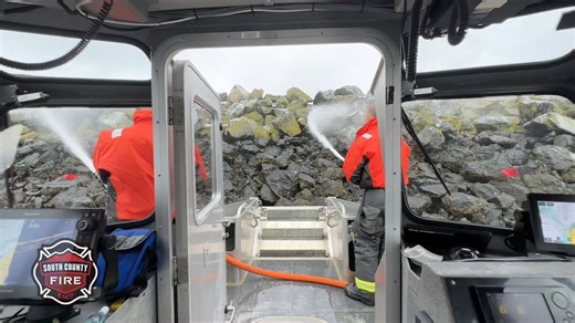 We hope the Port of Edmonds Marina is smelling more...um...pleasant today after firefighters cleaned the breakwater Monday. The crew aboard Marine 16 used water pumped directly from the sound to wash away bird droppings that build up on the rocks. It's also a great training opportunity for firefighters to practics skills like applying water from a moving vessel in a confined area. A USDA representative visually surveyed the breakwater before work started, to avoid impacts on wildlife. Marine 16 