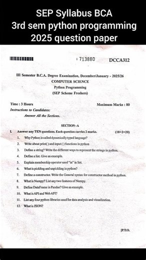 SEP syllabus BCA 3rd sem python programming question paper#shotrs #youtuber #pruthvibhuvana