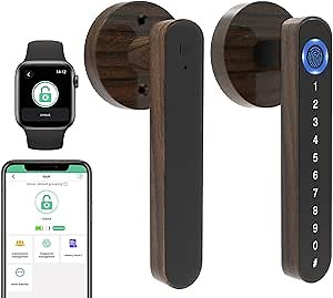 eLinkSmart Fingerprint Handle Lock Wood-Look Metal Smart Door Lock Levers Keyless Entry Door Knob for Bedroom Front Door Wood Colour eSmartLock App Phone & iOS Watch