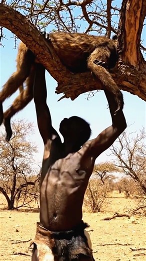 A prehistoric Homo habilis storing hunted meat in a tree #earlyhumans #evolution