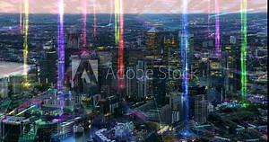 Magnificent view of Canary Wharf in London at Sunset with Colorful Columns of Data and Network Connections. Futuristic Vision of Hi Tech City. IOT, VR, AR.