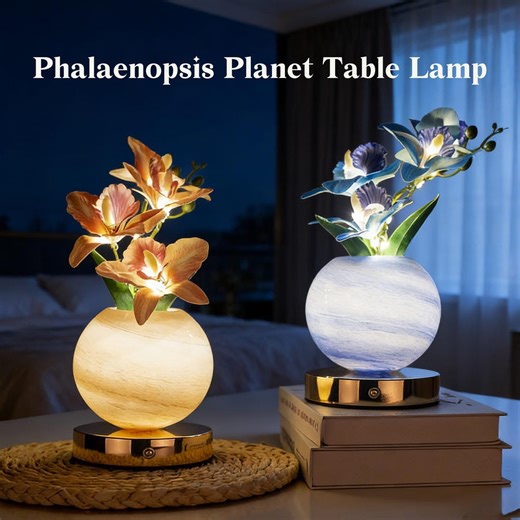 Phalaenopsis Planet Table Lamp With Glass Base, USB Rechargeable Decorative Lamp in Blue & Champagne Night Light - Etsy