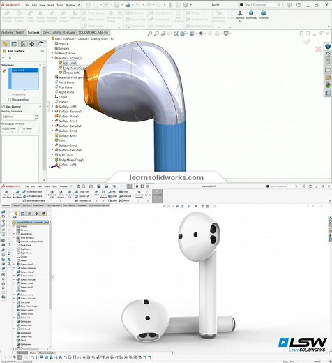 LearnSOLIDWORKS.com on Instagram: "Want to learn how to model AirPods in SOLIDWORKS? Check link in bio to grab my completely free 88-page surface modeling eBook or visit 👉learnsolidworks.com/airpods Whether you're a beginner or looking to elevate your surface modeling skills, this comprehensive guide will walk you through every detail of modeling these stunning AirPods in SOLIDWORKS. Surface modeling in SOLIDWORKS unlocks the potential to design complex, smooth, and organic shapes—skills that a