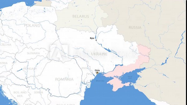 Political map of Ukraine highlighting warzone and Odesa city in eastern Europe during conflict from Russian aggression, animated motion map.