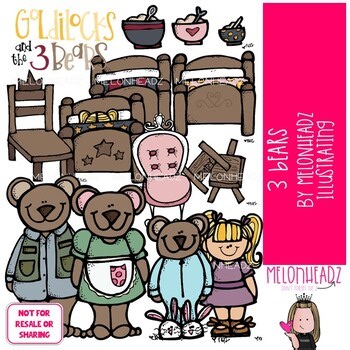 3 Bears clip art, Goldilocks, literature COLORED Version