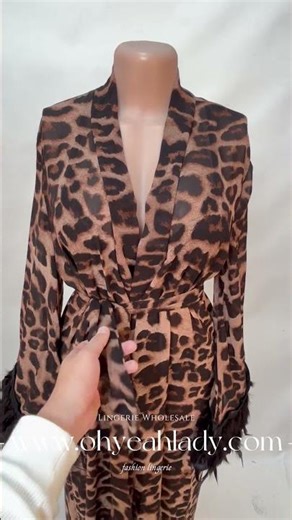 Sexy leopard print chiffon long robe with feather details. #b2bsupplier #fashion #wholesale #leopard