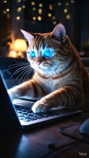 Orange cat typing on laptop