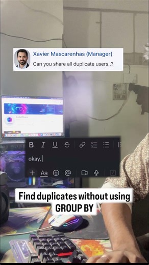 When you find duplicate users without Group By😳 #shorts #youtubeshorts #viral #sql #softwareengineer