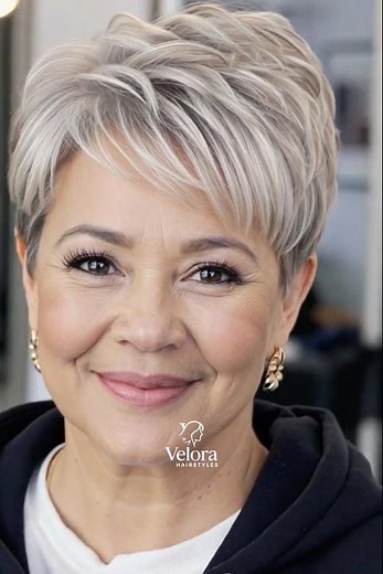 Textured gray pixie with airy layers boosts crown volume, softens features, flatters oval round ok✂️