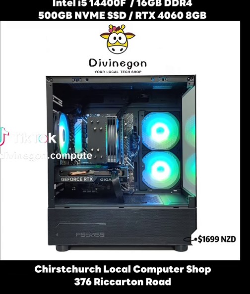 Divinegon Tech Gaming PC Deal - $1699 NZD Gaming PC Mark 816 Intel i5 14400F 6 Core / 16GB 3200 DDR4 / 500GB NVME SSD / RTX 4060 8GB / Wifi / Win11 Home #gamingpc #pcshop #prebuildpc #DivinegonTech #DivinegonTech