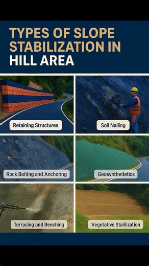 42K views · 344 reactions | Types of #Slope #Stabilization in #Hill #Area #slopestabilization #hillconstruction #civilengineeringtips #geotechnicalengineering #slopeprotection #constructioninhills #retainingwalls #erosioncontrol #reelsfypシ #landslideprevention #reelschallenge #facebookpost #safeslope #facebookviral #slopefailurecontrol | The Civil Engineering | Facebook