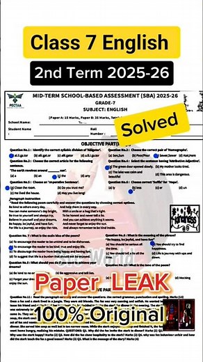 Class 7th English paper 2nd term 2025 sba 7th Class English paper mid term 2025