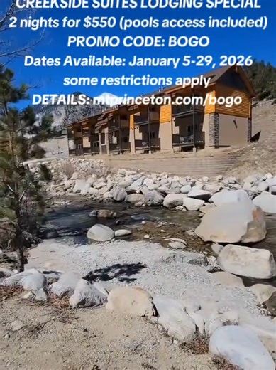 CREEKSIDE SUITES LODGING SPECIAL Stay two nights in our Creekside Suites for $550. PROMO CODE: BOGO Dates Available: January 5-29, 2026 Blackout Dates: January 18; Fridays and Saturdays Not valid for group reservations. Limited availability. Valid Accommodations: Creekside Suites Cabins, Lodge, Hillside and Cliffside rooms are NOT valid for this offer.