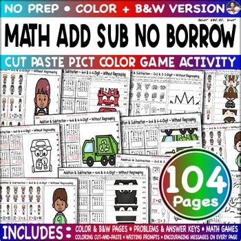 ADD SUB No Regrouping 2 4 Digit Pict Color Cut Paste Game Math Practice Sheets