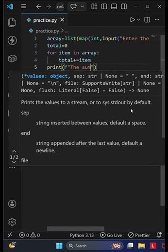 35 Python Program to find the sum of elements in the array using for loop #coding #sumofnterms#array