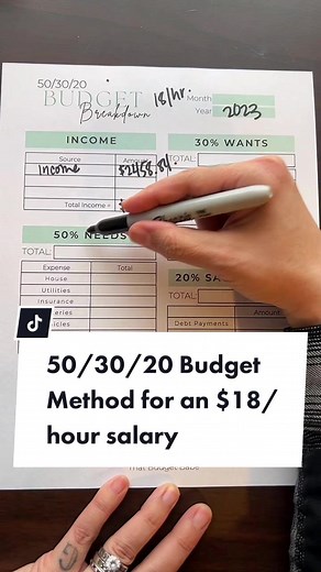 This is how you use the 50/30/20 Budget Method to budget a full time $18 and hour salary 💵 #beginnerbudgeting #beginnerbudget #budgetingtips #budgeting #budgetingforbeginners #503020budget #503020 #howtobudget #howtobudgetandsavemoney