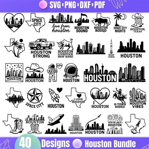 Houston SVG Bundle | 40 Space City Clipart Designs | Texas Skyline & Rodeo Vector Cut File | Houston Cowboy | Cosmonaut - Etsy