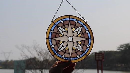 HAOSUM Compass Rose Stained Glass Window Hangings