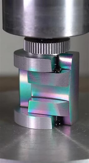 Nic Davis on Instagram: "Watch as a hydraulic press demolishes a beautifully color-treated stainless steel gear module. The gears mesh tighter under pressure until dark fluid bleeds from the joints and the entire mechanism collapses with satisfying metallic creaks."