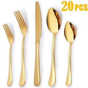 GPED 20 Piece Silverware Set Service for 4, Stainless Steel Flatware Set, Mirror Polished Cutlery Utensil Set, Durable Home Kitchen Eating Tableware Set, Fork Knife Spoon Set, Dishwasher Safe, Gold