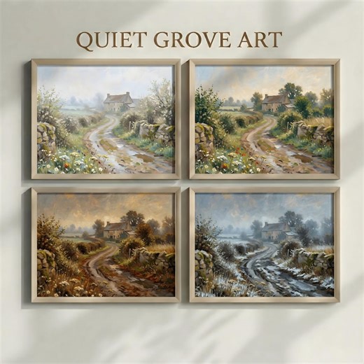 Monet Country Lane Seasons Set of 4, Farmhouse Stone Walls Cottage Landscape Prints, Impressionist Printable Wall Art Bundle - Etsy