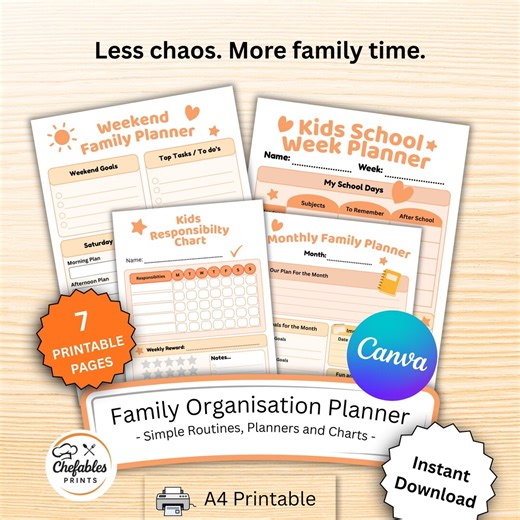 Canva Editable Family Planner Bundle, PDF Printable Weekly Routine Organiser Set, Kids Responsibility Chart, Busy Parent Home Planning - Etsy UK
