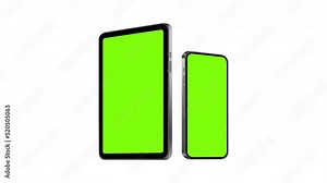 Animated Tablet and Phone Mockups With Green Screens, Side View, Isolated on White Background