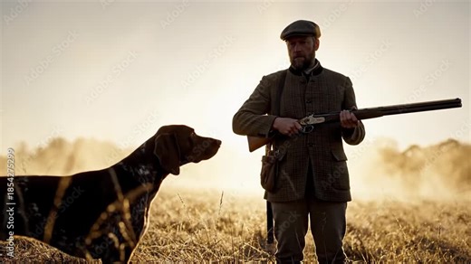 Hunter man with his dog, a breed of hunting dog, in a misty field at sunrise firing a shotgun, video footage