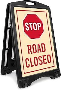 SmartSign "Road Closed" Foldable Black A-Frame Sidewalk Sign Kit (with STOP Symbol), 36" x 24", Built-In-Wheels, Double-Sided Portable Plastic Sandwich Board, 2 Sign Panels, USA-Made