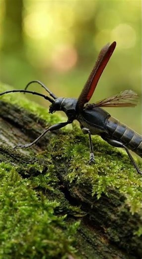 Dark Longhorn Beetle Unfolding Wings on Mossy Bark