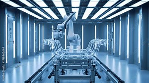 Automated Manufacturing Process Robotic Arm Assembling Vehicle Components in a Modern Factory