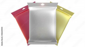 Flexible consumer packaging. Three sealed packages from a polymeric film (flow-pack). Model of consumer packaging. Footage video