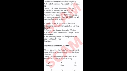 Ohio BMV warns about text message scam involving ‘outstanding traffic tickets’