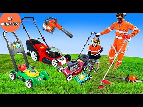 Lawn mowing grass cutting weed wacker leaf blowers for kids video | blippi toys garbage trucks #lawn