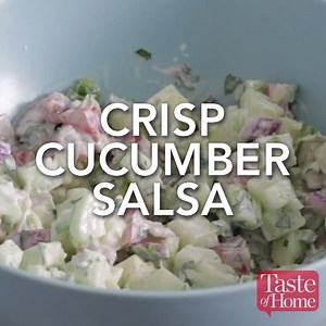 This Crunchy, Creamy Cucumber Salsa is Just What You Need for Those Hot Summer Days!! Get The Recipe Here ⇒ http://sendrecipe.com/120g1Ut | Pintrest