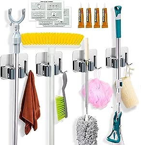 4 PCS Broom Holder, broom bracket mop bracket, Broom Gripper Holds Self Adhesive Broom and Dustpan Hanger for Home, Kitchen, Garden, Garage Storage Systems