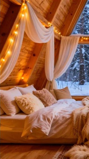 Cozy A-Frame Cabin Bedroom ❄️🔥 Snowy Night Fireplace Ambience