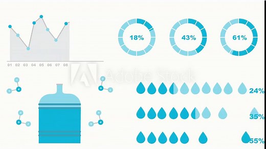 Water consumption charts and infographics. 4K animation for water resource management issue.