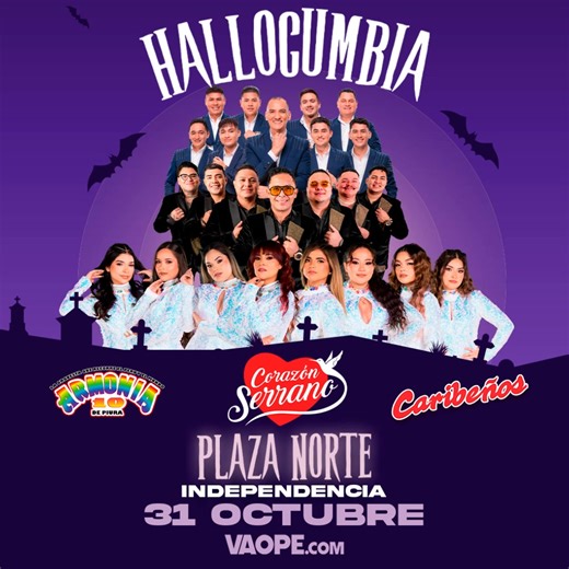 ▷ 🎃 ¡Este 31 de octubre la noche se enciende con Hallocumbia! 💃🔥 Prepárate para un concierto con Corazón Serrano, Armonía 10 y Caribeños 🎶 . Adquiere tus entradas en https://vaope.info/34VzmvvC 📌 Explanada Plaza Norte - Independencia | Corazón Serrano