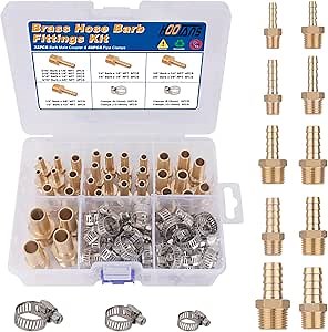 KOOTANS 32PCS Brass Hose Barb Fittings Barb to NPT Male Thread Adapter Kit 3/16" 1/4" 5/16" 3/8" 1/2" Barbed Air Hose Fittings with 46pcs Pipe Clamps for Water Fuel Air Line Connector Fitting