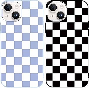 2 Pack Checkerboard Phone Case for 6.1 iPhone 13 / iPhone 14 inches, Grid Checkered Chess Soft Slim Shockproof Silicone Matte Scratch-Resistant Funda Cover for Girls Woman, Black/Blue